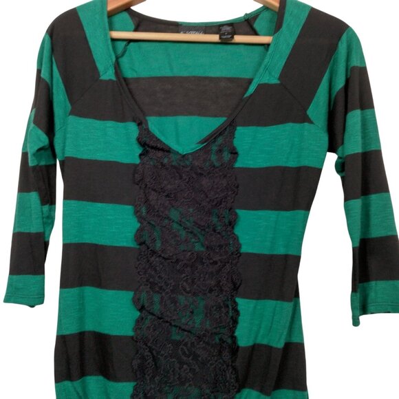 Vintage Y2K Daytrip Shirt Medium Green Black Strriped Deep V Neck Slim Lace Trim - Picture 8 of 14